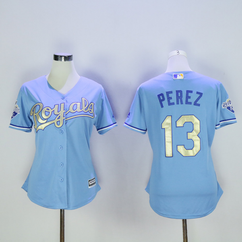 Women Kansas City Royals 13 Perez Light Blue Champion MLB Jerseys